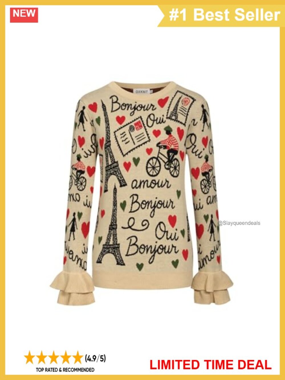 Knit Long Sleeve Sweater Retro Paris Crewneck Ruffled Cotton Pullover